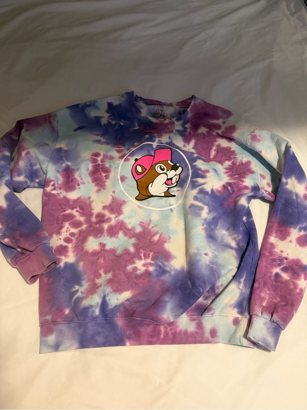 Buc-ees Adult Beaver Logo Pullover Crewneck Sweatshirt Purple Tie Dye